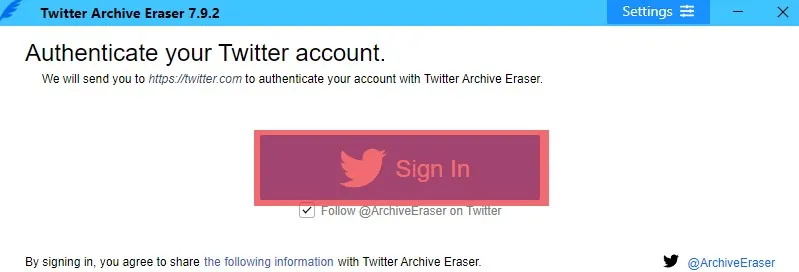 Log masuk ke Twitter Archive Eraser