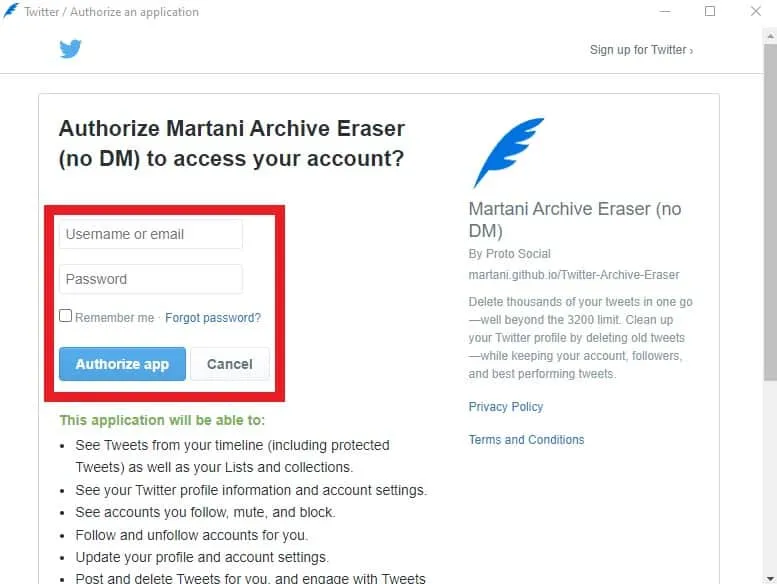 Autorisieren Sie den Radiergummi -Eraser des Twitter -Archivs