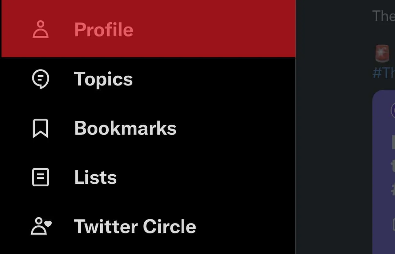 Opção de perfil no menu do Twitter no aplicativo móvel