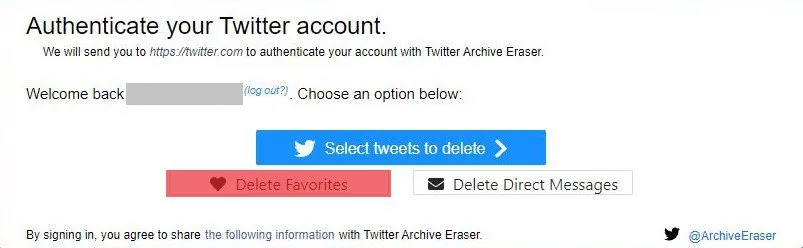 Slet favoritter på Twitter Archive Eraser
