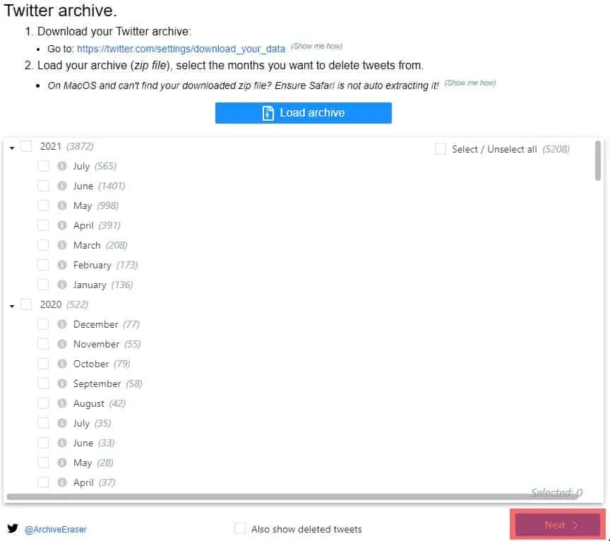 Выберите месяцы в Archive Eraser Twitter