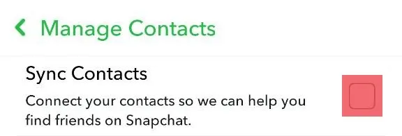 Sync Contacts políčko na Snapchat