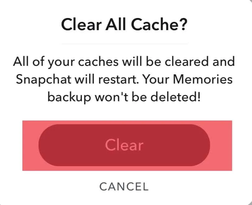 Clear Cache -bekräftelse på Snapchat