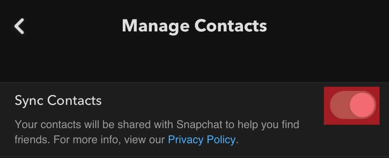 Snapchat Sync Contacts váltás